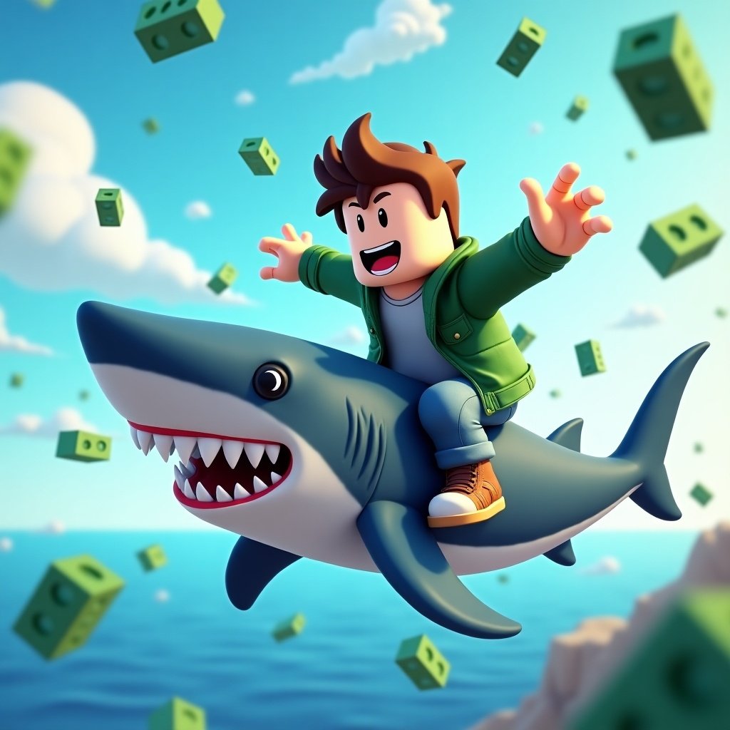 Image features a Roblox noob avatar riding a shark. Shark is in an ocean setting. Avatar has spiky brown hair, wears a green jacket. Robux bricks are falling from the sky. Bright colors create a joyful atmosphere.