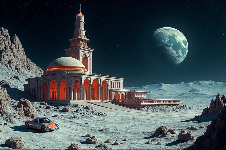 Retro futuristic moonbase featuring ancient Roman style architecture on a lunar landscape with a striking view of the moon and a car