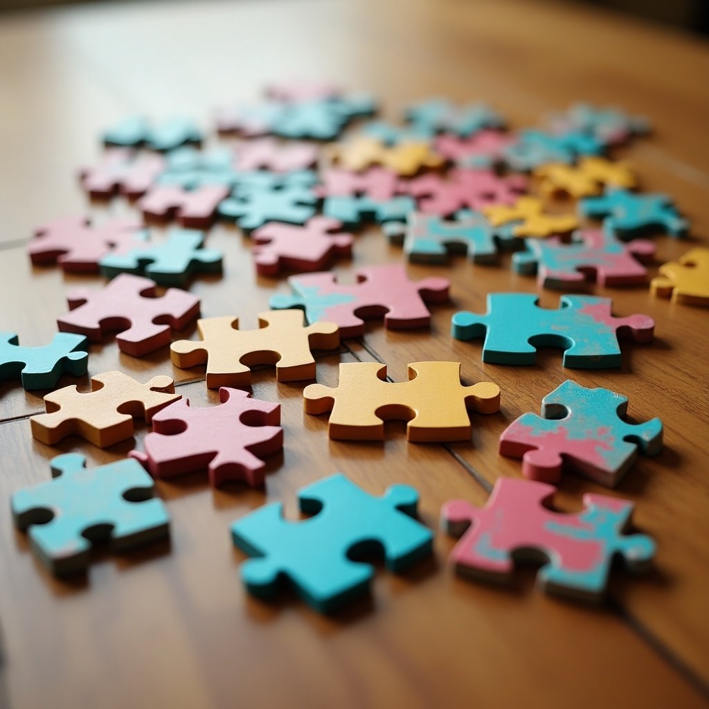 3D jigsaw pieces scattered across a wooden table. Colorful and varied shapes. Some pieces partially hidden.