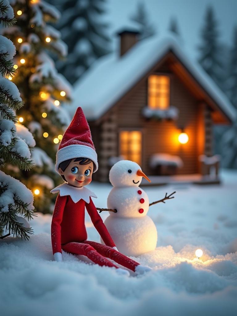 Elf figure in red outfit sits beside snowman in snowy landscape with cozy cabin in background. Soft snow covers the ground, creating winter atmosphere. Trees with lights enhance festive vibe.