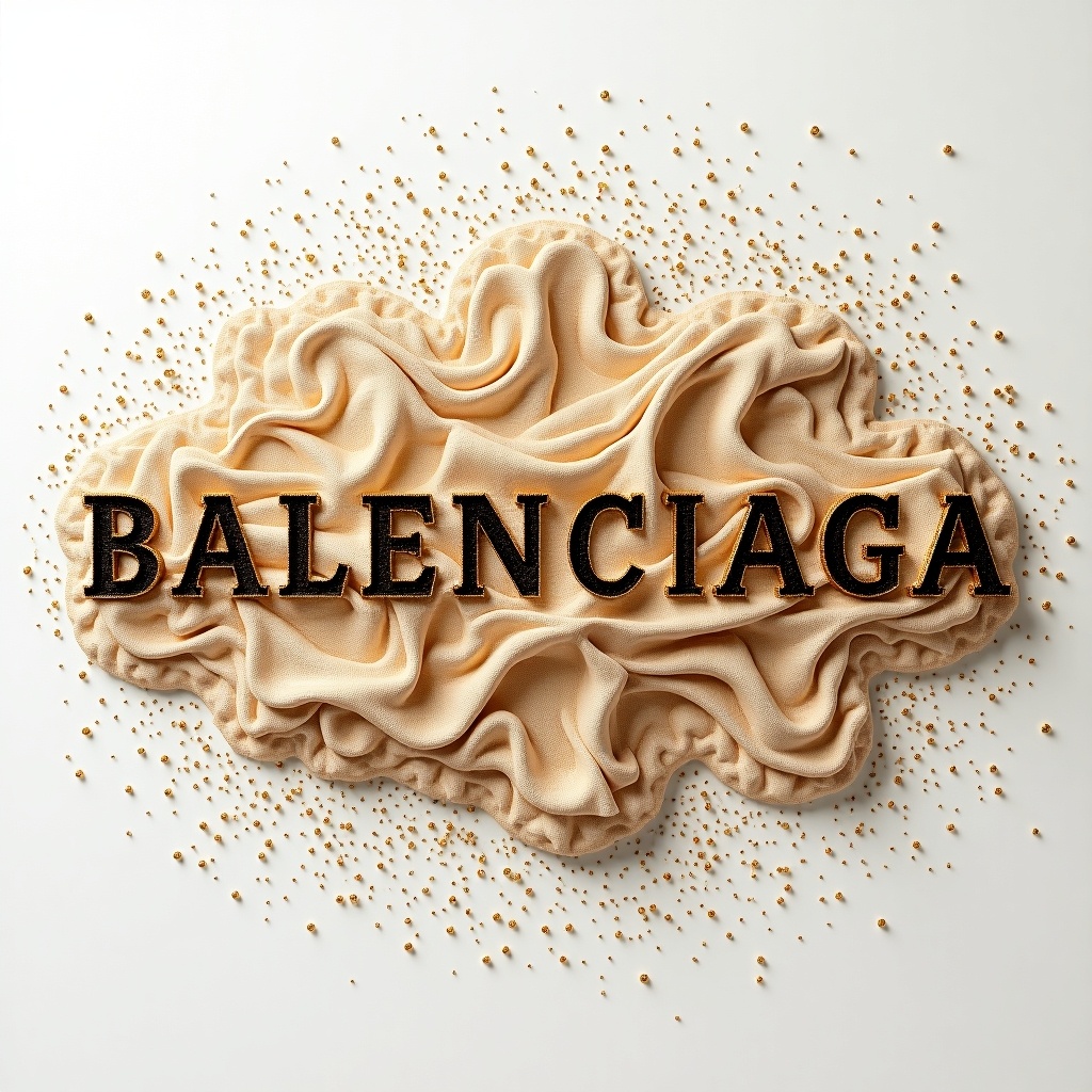 The image showcases an exquisite haute couture design featuring the word 'BALENCIAGA' embossed on a textured surface. The fabric has a luxurious sandy appearance, shimmering with golden particles. It is set against a clean white background that emphasizes the intricate details of the design. The colors blend harmoniously, with soft beige tones and rich brown elements. This visual representation resonates with high fashion aesthetics and luxury branding.