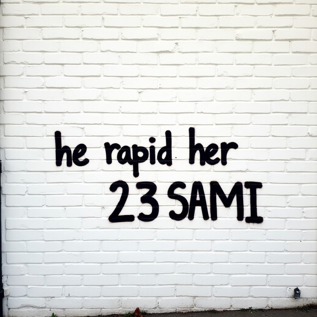 This image features a piece of street graffiti that has been spray-painted on a white block wall. The graffiti reads 'he rapid her 23 SAMI' in bold black letters. The overall appearance is somewhat messy, indicating it may have been done by inexperienced creators, possibly young artists. The simplicity of the message and the layout reflect a casual, spontaneous artistic expression. This urban artwork contributes to the visual landscape of the area, showcasing the dynamic nature of street art culture.