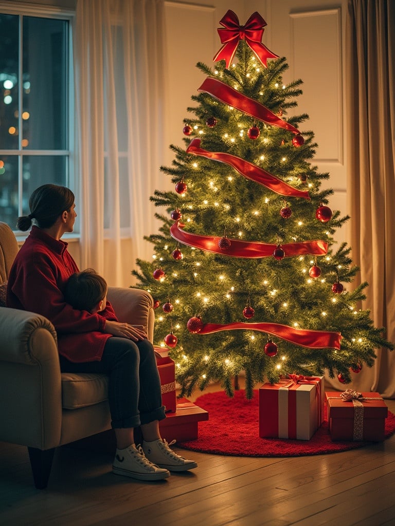 Cozy living room scene with a decorated Christmas tree. A mother holds a child while sitting on a sofa. The tree is adorned with red ribbons and golden lights. Gifts are placed under the tree. Soft lighting creates a warm atmosphere.