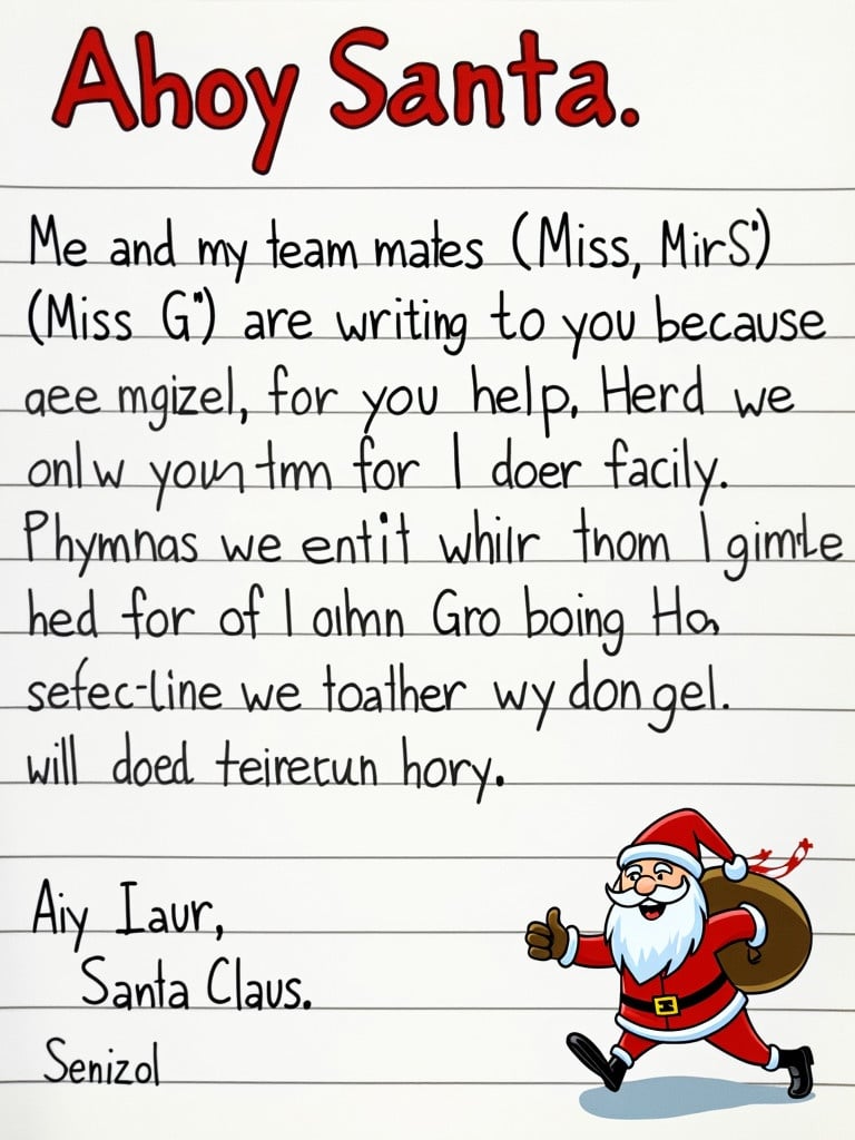 Child's handwritten letter to Santa Claus asking for help. Letter has playful and colorful elements. Santa Claus image included on the side. Writing is childlike and whimsical. A warm festive tone throughout the letter.