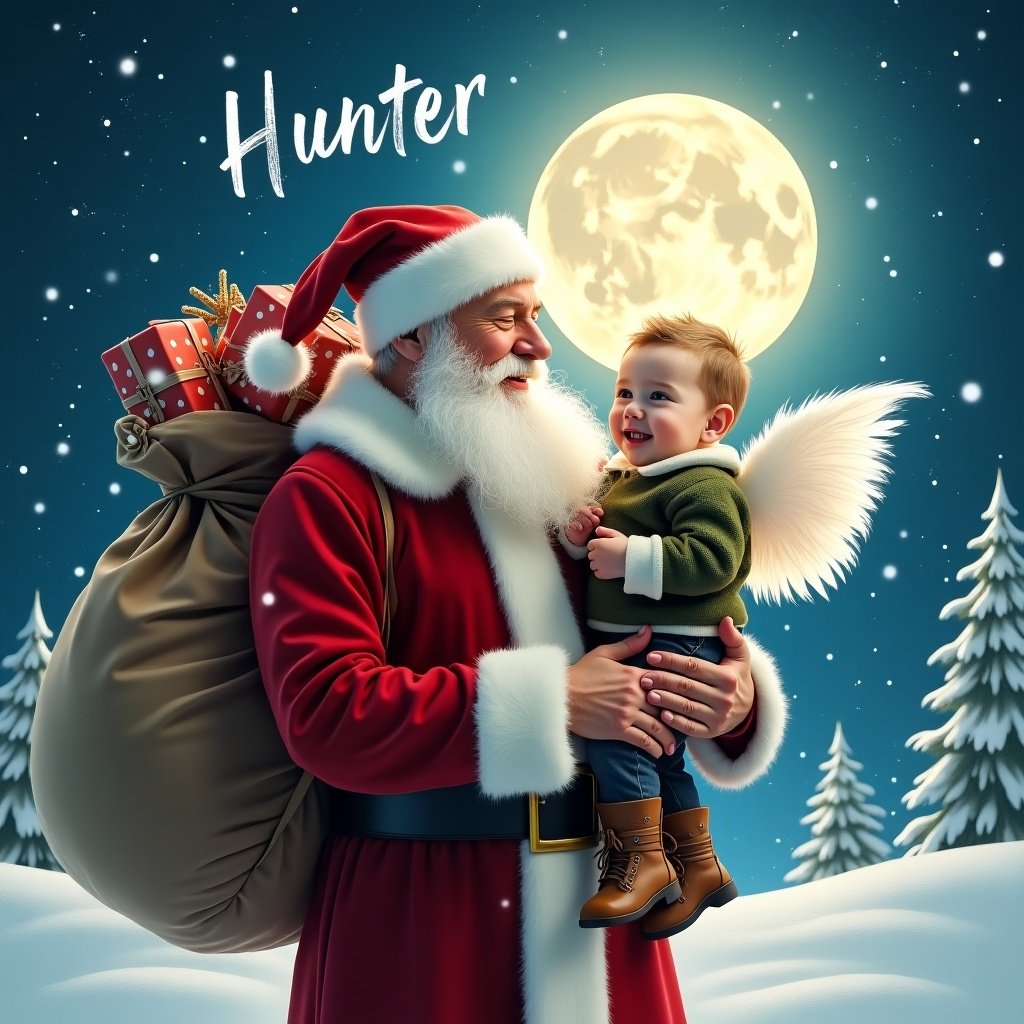 Magical scene features Santa and baby boy. Santa holds sack of gifts. Snowflakes fall. Full moon glows in the background. Name Hunter appears in the sky. Emphasis on traditional attire and festive joy.