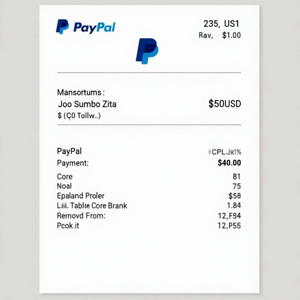 Image of a PayPal payment receipt for a $50 transaction. Receipt shows payment to Joāo Sumbo Zita. PayPal logo at top. Contact information visible. Clean and professional layout typical of digital receipts.