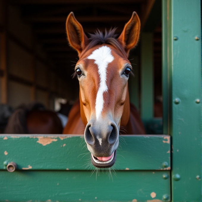 A brown horse with a white stripe looks out from a green stable, appearing to smile.