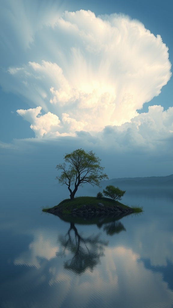 A lone island with a single tree reflected in still water under a dramatic cloudy sky.