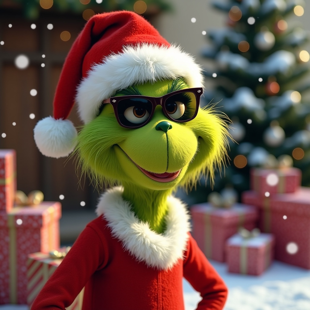 The Grinch wears a Santa outfit and sunglasses. Green skin. Playful demeanor. Cozy smile. Festive decor in the background. Wrapped gifts create a holiday atmosphere. Writing The Wood’s in the snow.