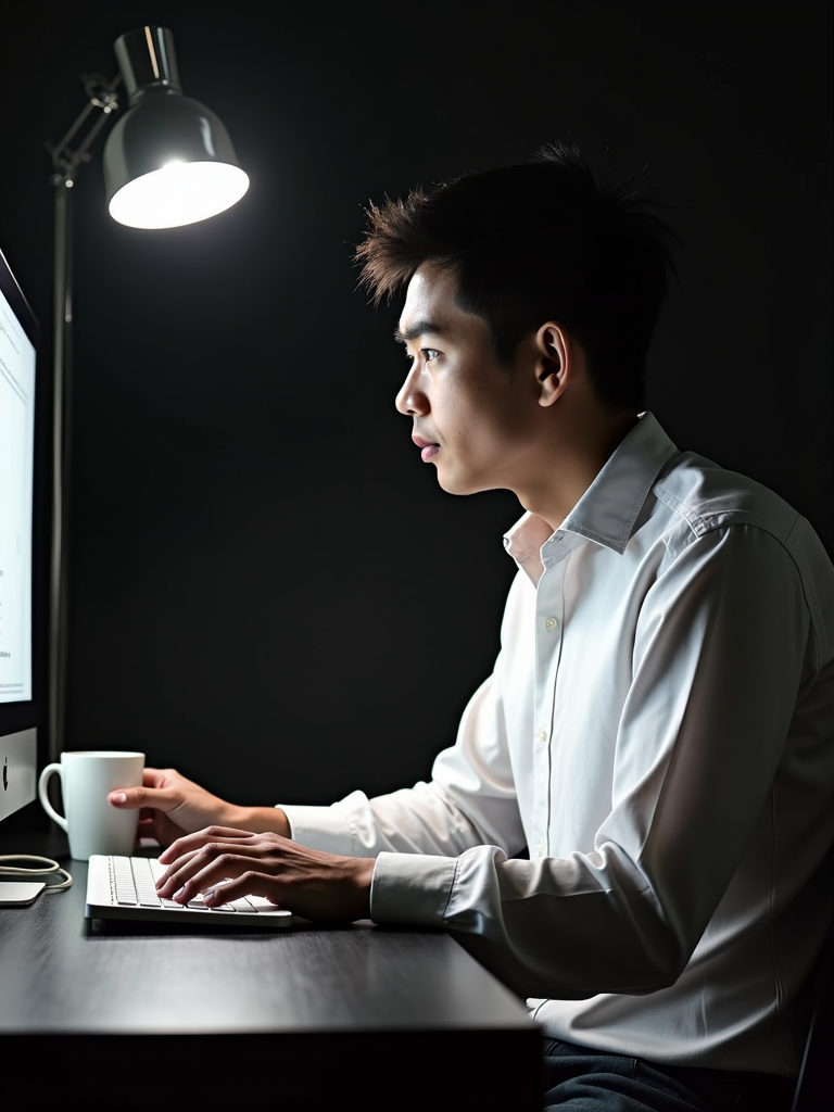 A person in a white shirt is working on a computer at a desk, illuminated by a desk lamp.