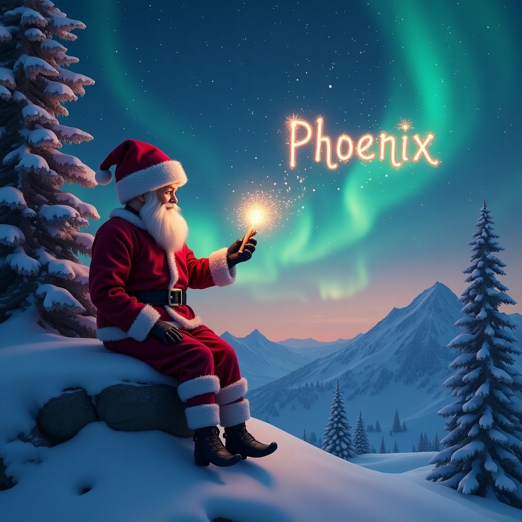 In a serene snowy landscape of the North Pole, a traditional red-dressed elf is seen. He is perched on a rock, holding a glowing magic wand. With a flick of his wrist, he writes the name 'Phoenix' in the starry night sky. Above him, the vibrant northern lights shimmer in shades of red, cerulean, and purple. The scene captures the magical and festive spirit of winter, perfectly suited for a holiday-themed illustration.