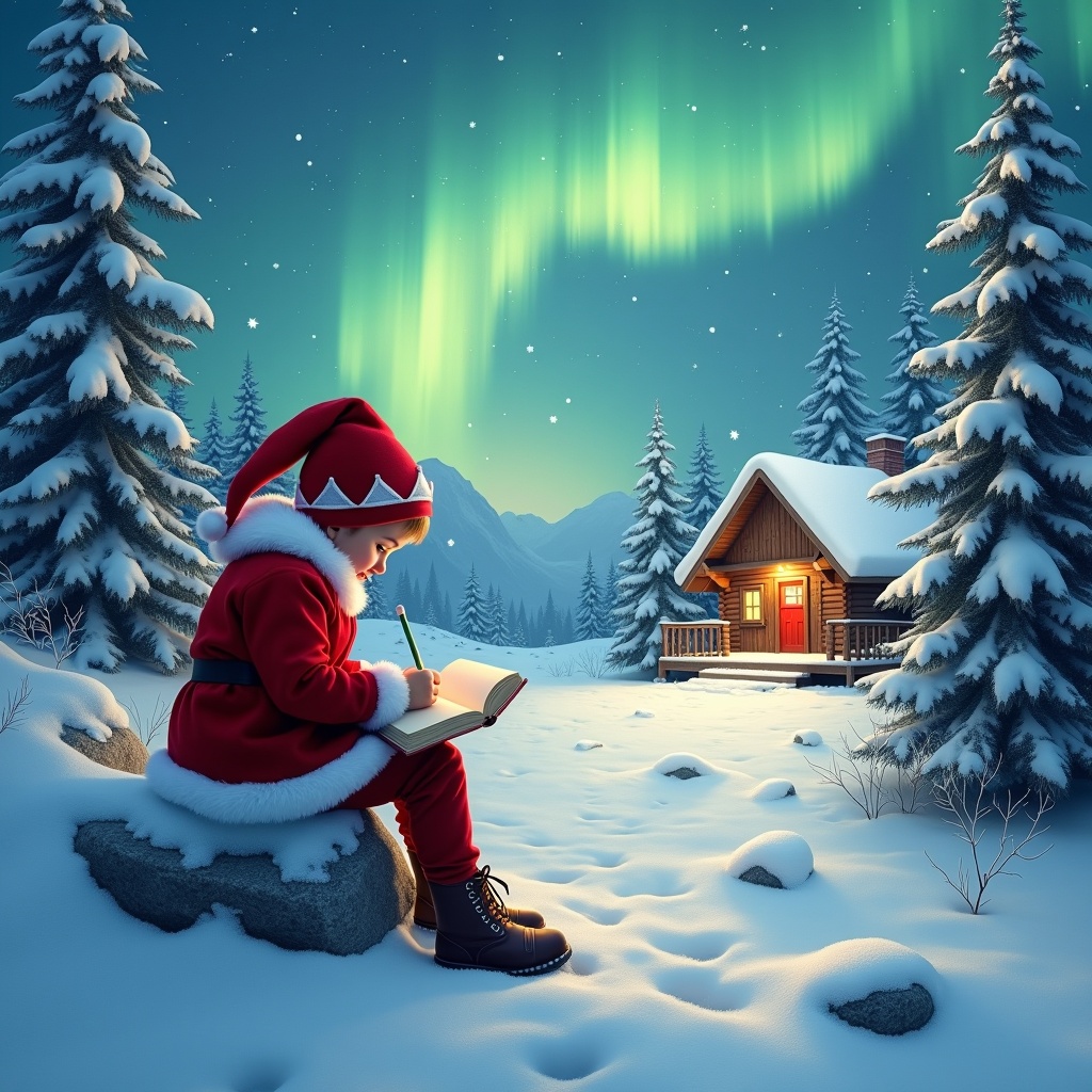 An enchanting winter scene unfolds with a child dressed as a festive elf, intently writing in a book while sitting on a snowy rock. Above, the sky is alight with vibrant northern lights, creating a magical atmosphere. In the distance, a cozy cabin radiates warmth, surrounded by tall evergreen trees dusted with sparkling snow. The serene landscape embodies the essence of the holiday season. The elf’s red attire stands out against the pure white snow, adding a joyful touch to this idyllic, wintry scene.