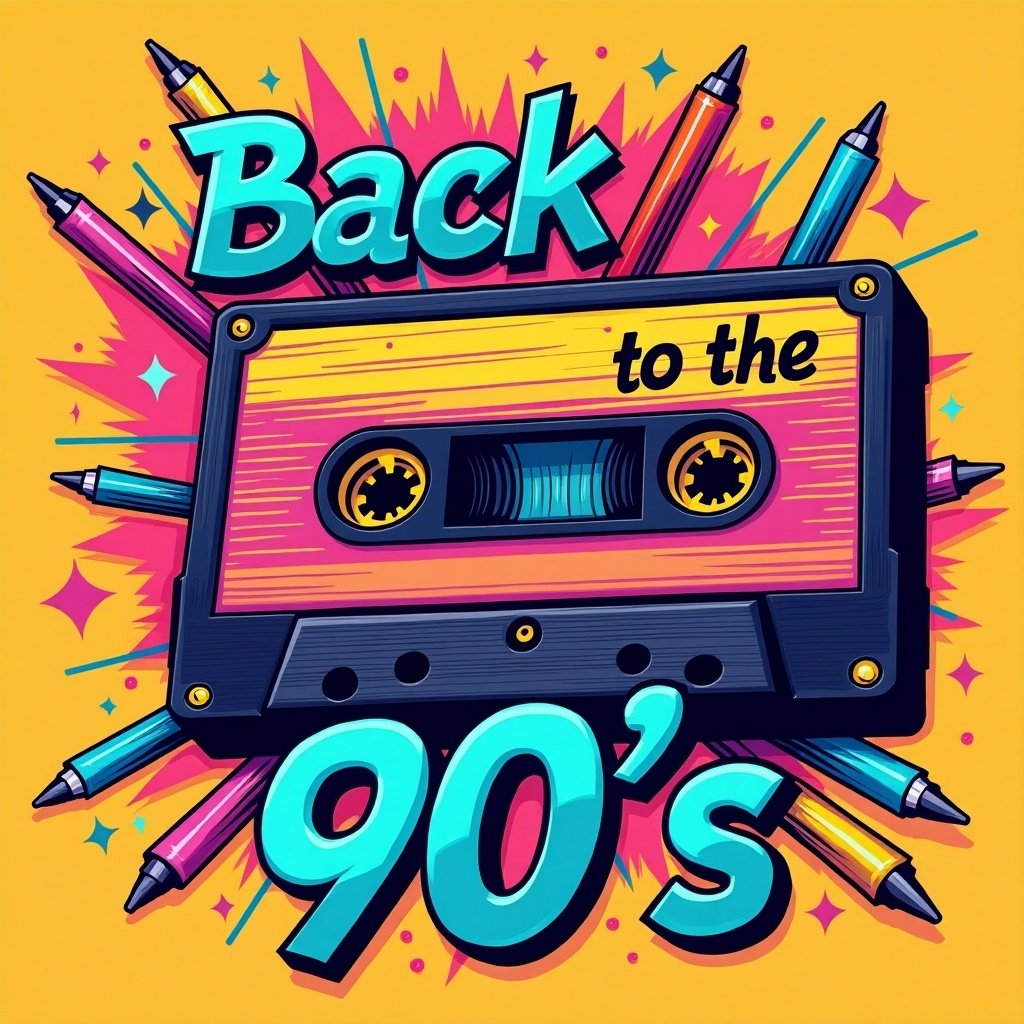 Vibrant retro-themed design features classic cassette tape in bright colors with playful elements like colorful pens. Bold dynamic typography includes phrase 'Back to the 90's'. Fun energetic style captures 90s pop culture essence with grunge neon geometric shapes.