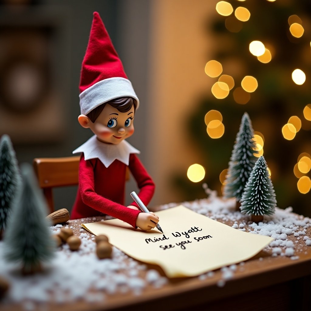 An Elf on the Shelf is sitting at a small wooden table that is covered in a fluffy layer of white snow. The elf, dressed in a red outfit with a white collar and pointed hat, is joyfully writing on a piece of yellow paper. The note reads, 'Mia and Wyatt see you soon.' The background features soft glowing lights from a Christmas tree, adding a warm festive touch. Tiny green pine trees surround the elf, enhancing the wintery feel.