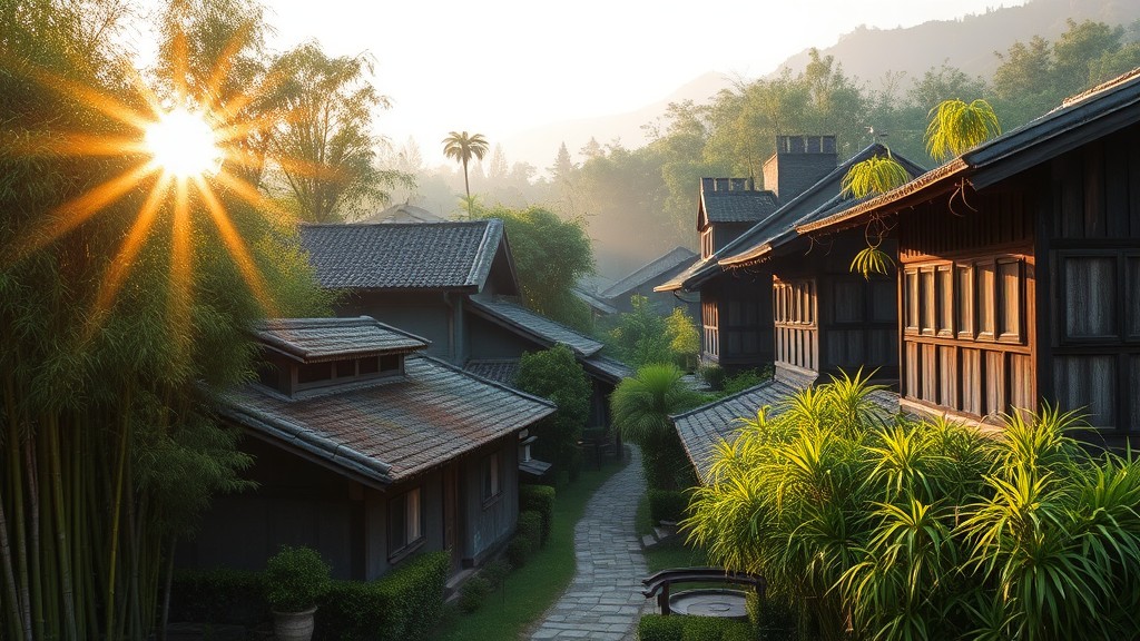 A picturesque village with traditional houses is illuminated by the golden rays of a sunrise.