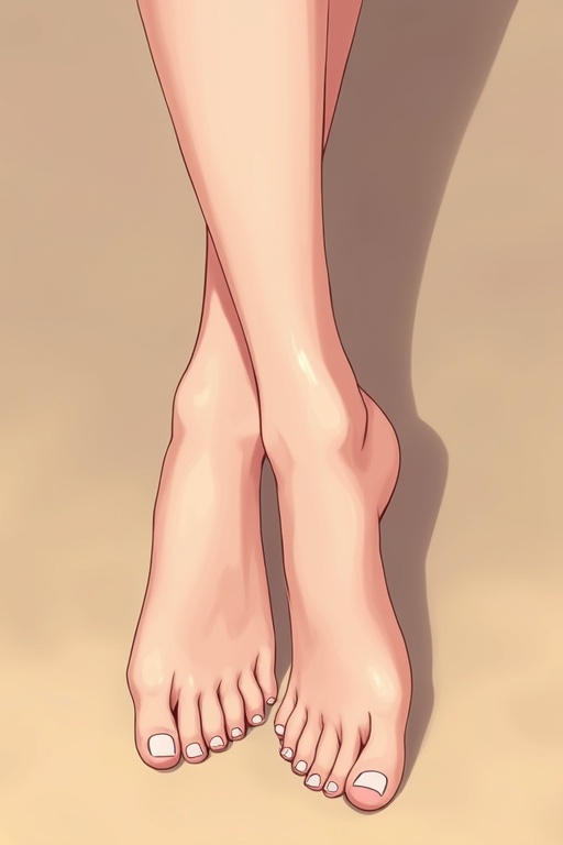 Female feet crossed elegantly on toes. Focus on smooth soles and toes. Bright and soft colors in the appearance. Intended to represent foot beauty and care.