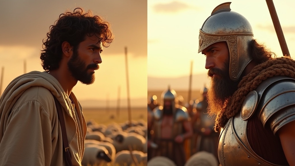 Split scene showing David tending sheep on one side and Goliath with the Philistine army on the other. Close-up shots of David looking brave and calm while Goliath appears arrogant and mocking. David wears shepherd attire; Goliath is in armor. Lighting creates a dramatic effect on both characters. Title added: “David and Goliath: A Story of Faith!”.