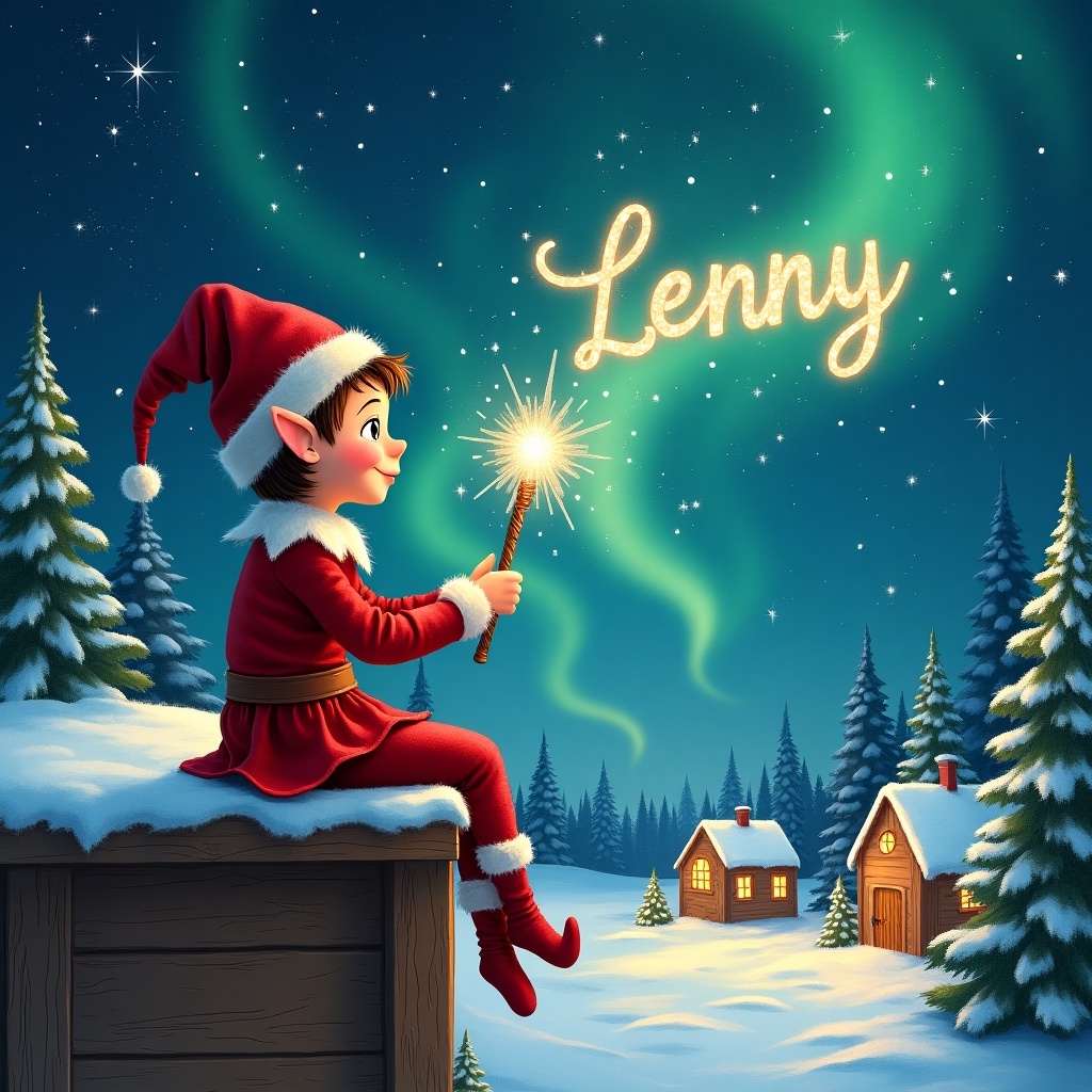 An elf sits on a wooden ledge. The elf gazes at a magical sky. Dressed in a red outfit with a pointed hat. The elf holds a sparkling wand. The elf writes the name 'Lenny' in the starry sky. The scene includes a snowy landscape, charming little houses, and evergreen trees. The Northern Lights shimmer above. The depiction captures childhood magic and Christmas cheer.