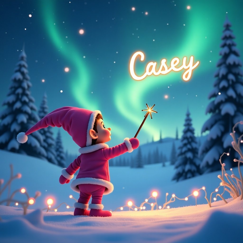 A cheerful pink scout elf stands with their back to the viewer, gazing up at a sky illuminated by northern lights. They are using a wand to write the name 'Casey' in the air, creating a truly magical effect. The surrounding landscape is a winter wonderland, with snow-covered trees and gentle hills. In the foreground, twinkling lights add a festive touch. The overall scene is warm and welcoming, capturing the spirit of the holiday season beautifully.