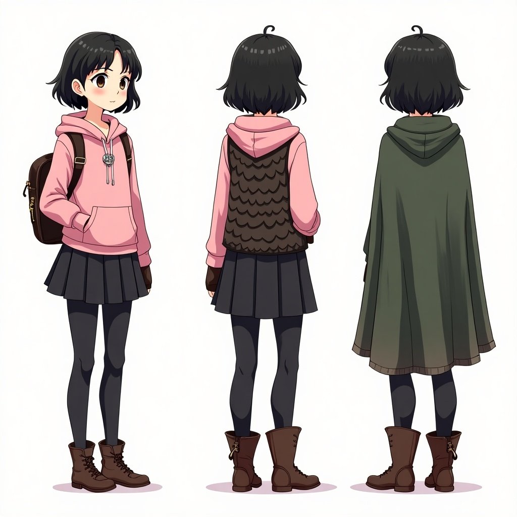 Illustration of a young girl with short dark hair. Wears a pink hoodie and a black pleated skirt. Carries a backpack. Depicted in casual posture, moment before or after school. Style is anime with bright colors and clean lines. Character sheet with young woman in dragon rider outfit. Dark leather tunic with dragon scale patterns. Weathered green cloak. Dressed in black pants and sturdy boots. Adorned with fingerless gloves and silver dragon claw pendant. Hair tied up in bun.