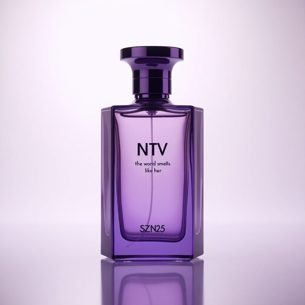 Photo of a purple perfume bottle with an elegant design. Label on top says NTV. Middle text reads the world smells like her. Bottom shows SZN25. Background is minimalist and light.