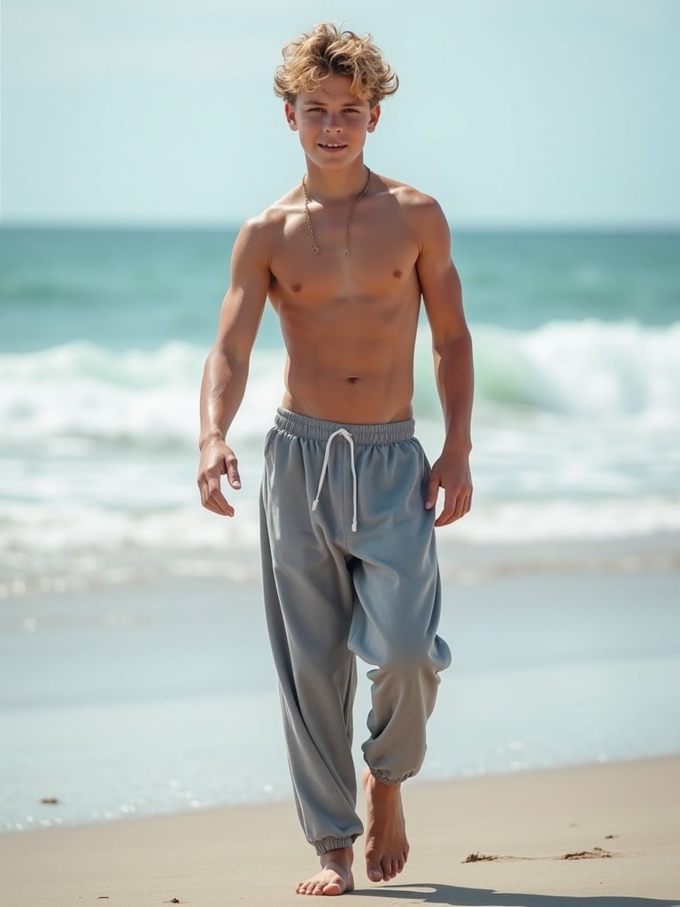 Young muscular slim teenage boy shirtless wearing loose see-through gray sweatpants walking on beach.