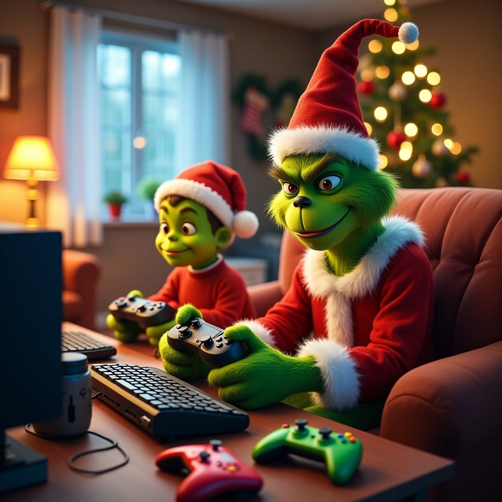 Grinch and a child gaming together during Christmas season in a cozy setting with decorations.