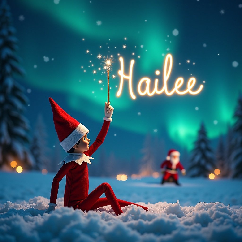 Enchanted Christmas scene featuring an elf on the shelf gazing upwards using a wand to write the name 'Hailee' in the sky. Background includes northern lights and Santa Claus. Snow covers the ground.