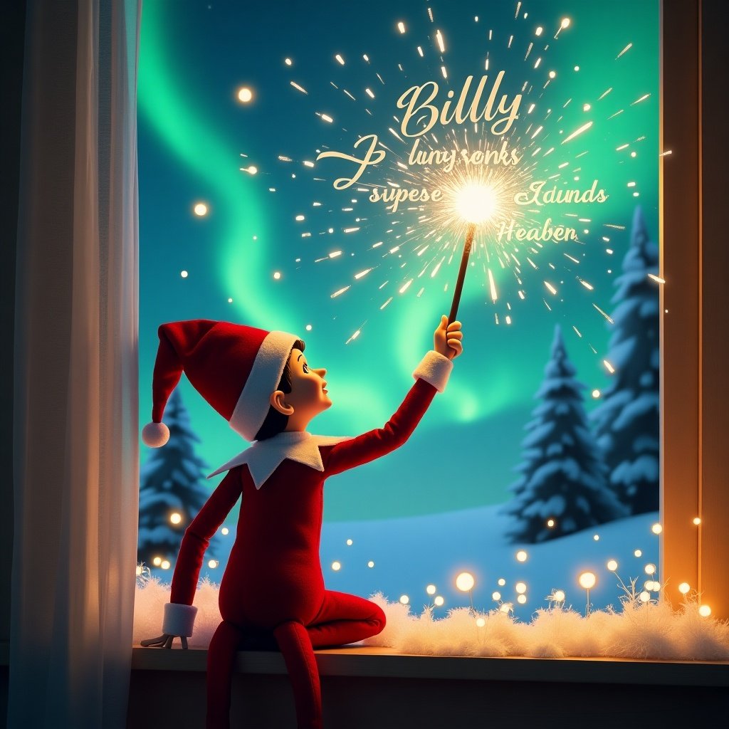 Enchanting Christmas scene with an elf on the shelf. Elf dressed in red and white writing a message in the sky. Vibrant northern lights in the background. Magical ambiance with festive elements. Sense of wonder and excitement during the holiday season.