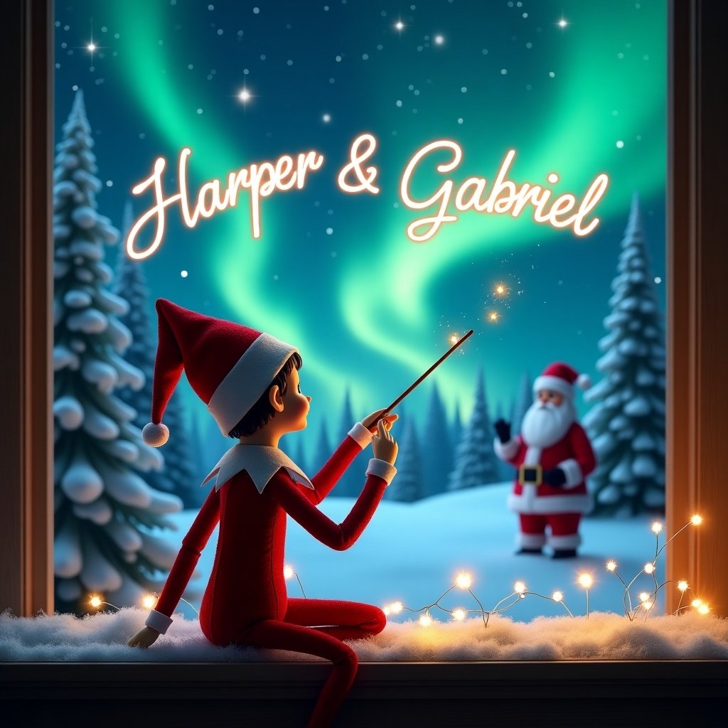 Elf on the shelf gazes at night sky writing names 'Harper & Gabriel' using magical wand. Background features snow-covered trees, northern lights, and Santa Claus, capturing holiday magic and cheer.