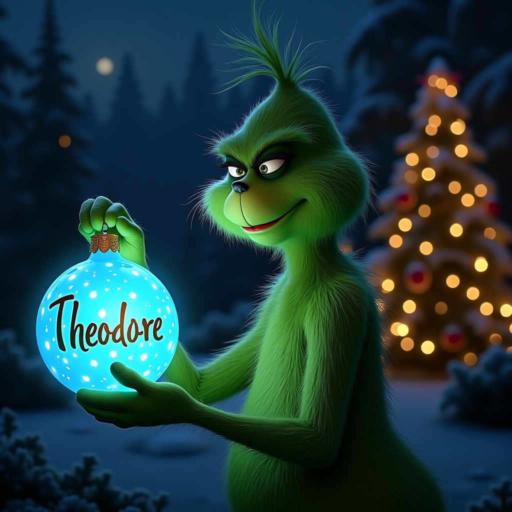 A serene night garden with The Grinch. The Grinch holds a glowing blue Christmas bauble. The bauble shows the name Theodore in elegant script. Twinkling Christmas lights enhance the ambiance.