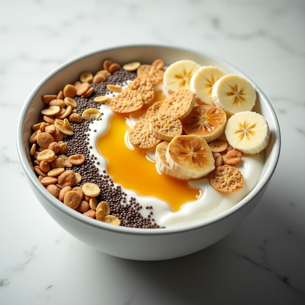 Yogurt in a large bowl topped with banana slices, granola, almonds, chia seeds, and honey. Ultra-realistic picture showcasing a healthy meal.