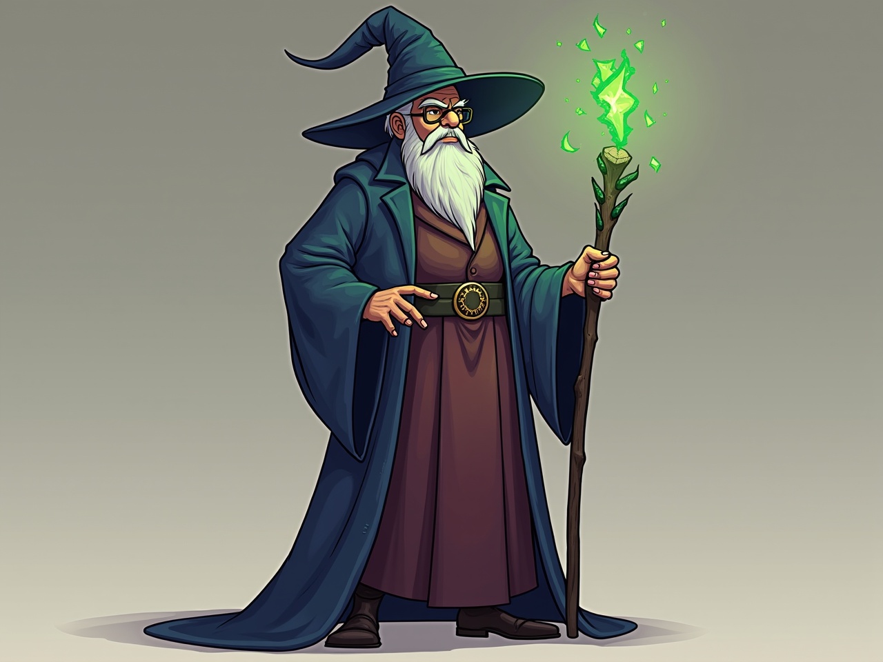 This image depicts a charismatic wizard, radiating swag and confidence. He wears a deep blue robe with a wide-brimmed hat, exuding an aura of magic. His long white beard adds to his wisdom, while his glasses give him an intellectual appearance. The wizard holds a mystical staff topped with a glowing green crystal, indicating his powerful abilities. The character design emphasizes a blend of traditional wizard aesthetics and modern charm, making him both approachable and intriguing.