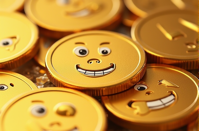 A collection of round, gold coins featuring various smiling emoticon faces.