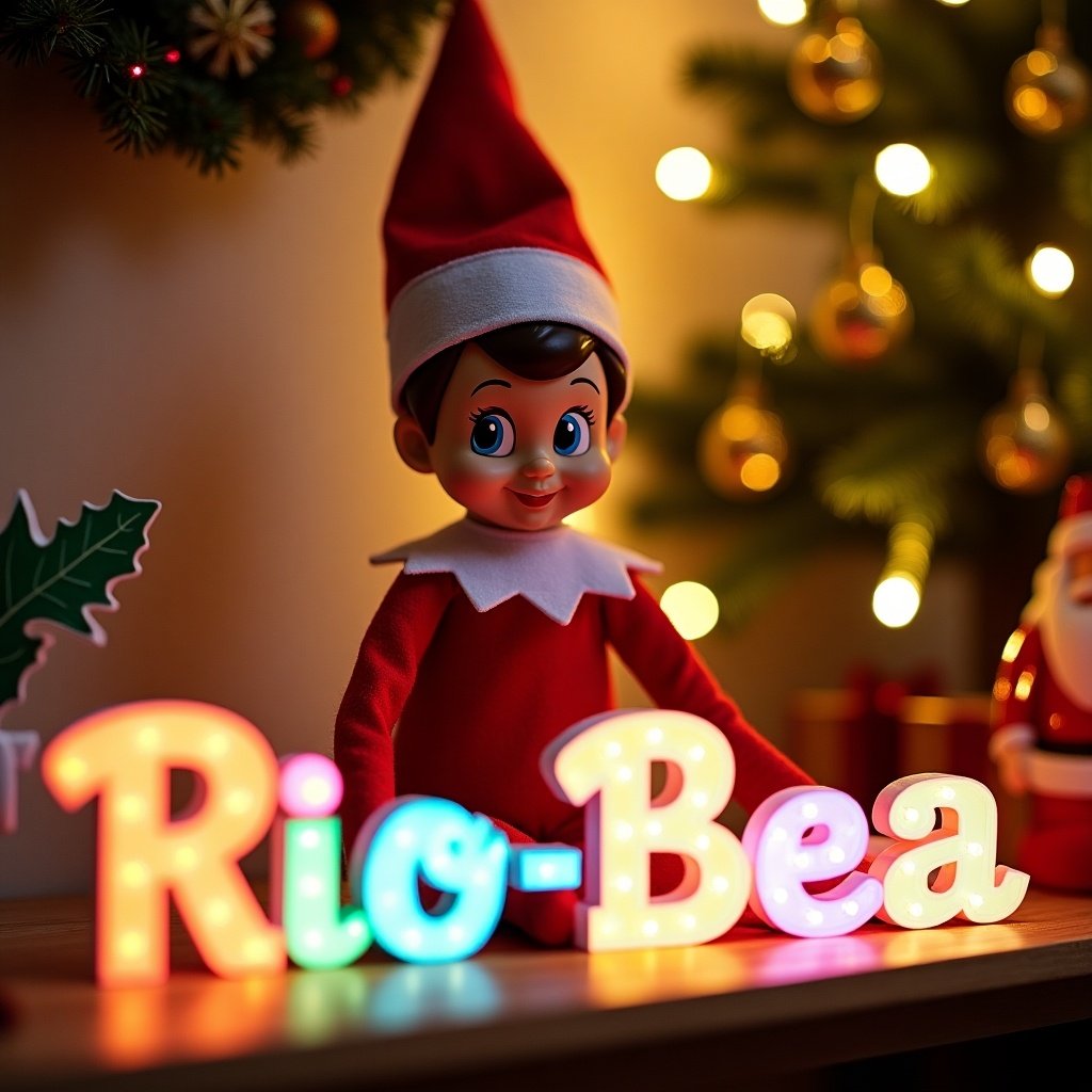 Elf joyfully writing name Rio-Bea. Colorful letters lit up. Surrounded by festive decorations like decorated tree. Inviting warm atmosphere evokes holiday cheer.