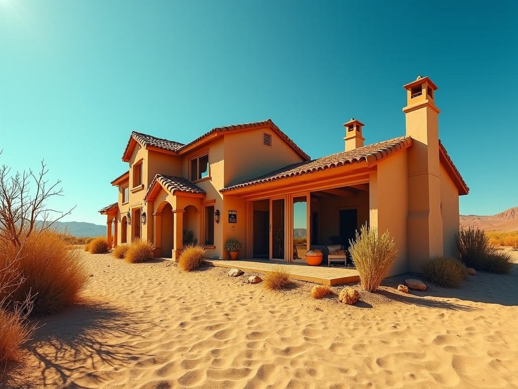 A southwestern style desert home under a clear blue sky, surrounded by sand and desert shrubs.