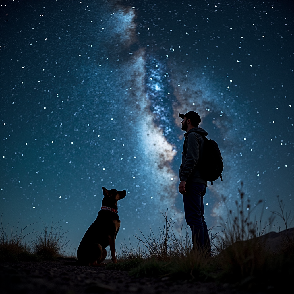 A man and a dog silhouetted against the backdrop of the starry night sky and the Milky Way.