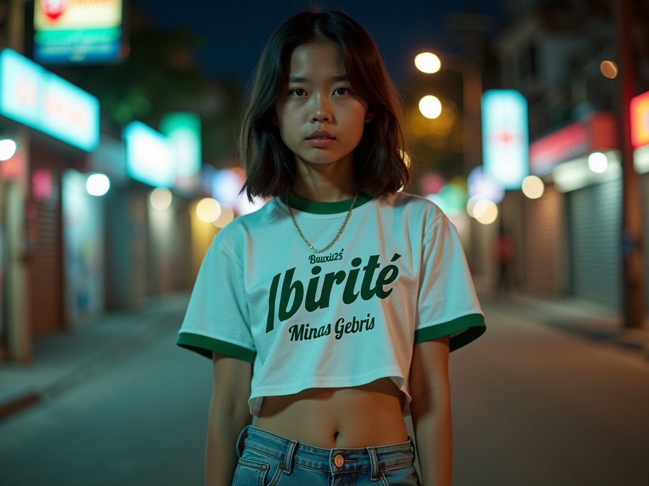 A young woman stands confidently in an urban setting at night. She wears a cropped t-shirt with text and high-waisted jeans. The street is softly lit with vibrant neon lights in the background. The scene evokes a sense of youth and modern style. The atmosphere is lively, yet calm, inviting viewers into a contemporary fashion moment.