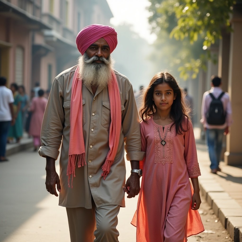 A man and his daughter walking on a sunny street. The man wears a traditional Punjabi turban with a shawl. The daughter is dressed traditionally. They are enjoying a walk together in a park-like setting.