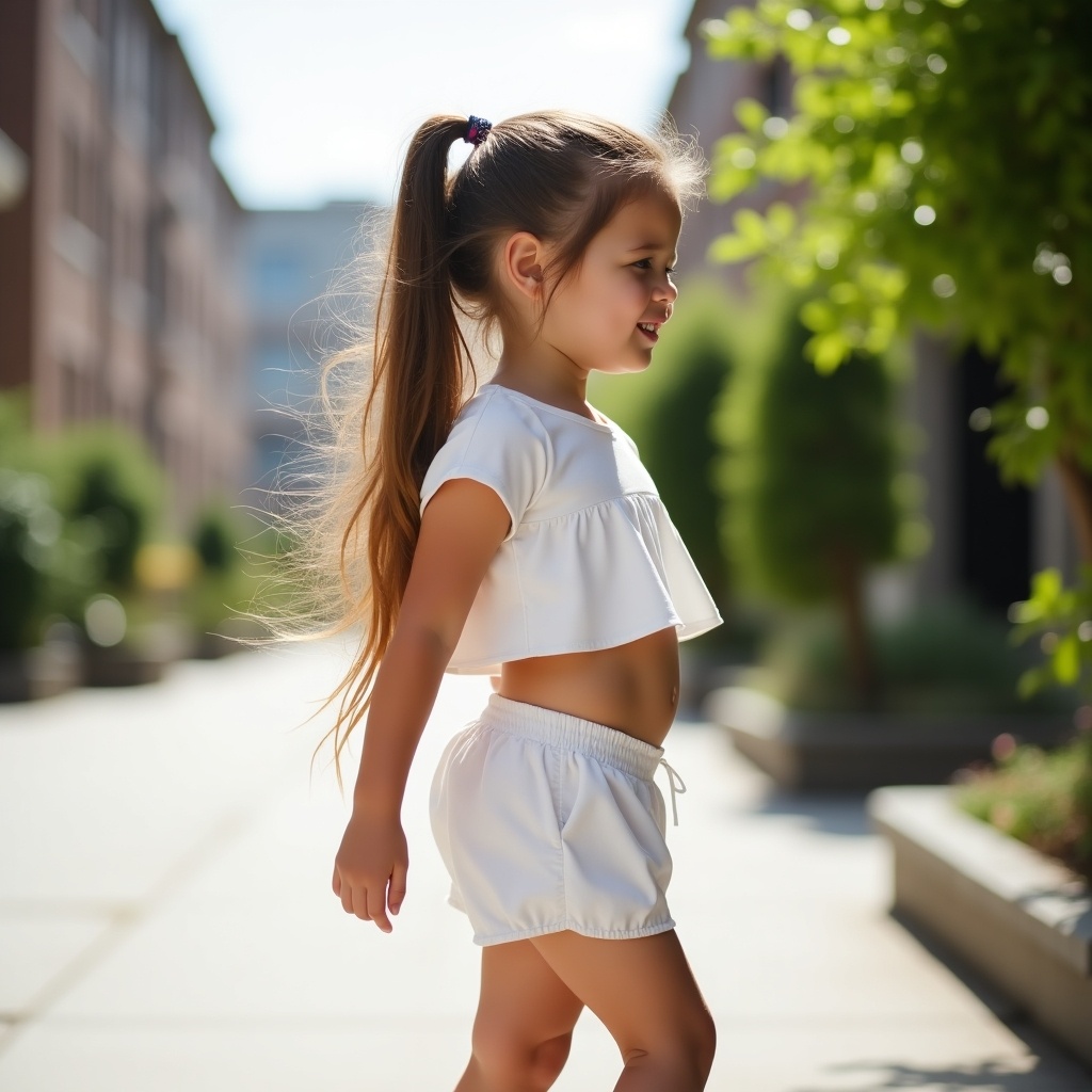 Young girl with long hair wearing white two-piece outfit standing outdoors. Background features buildings and greenery. Soft smile and relaxed summer ambiance.