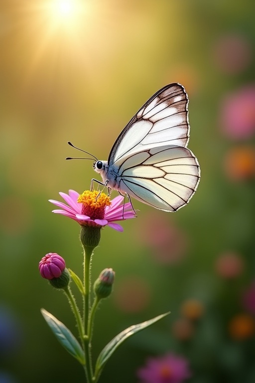 A butterfly with white wings and dark pink accents rests on a flower amidst a sunlit garden. The flower is vibrant with pink petals and a yellow center. The background features a soft focus of various colors from other flowers and sunlight shining in. The scene captures a peaceful and beautiful moment in nature.