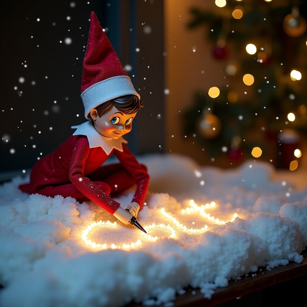 Elf on the shelf writing in snow. Name Colt written in cursive by lights. Soft snowfall surrounds scene.