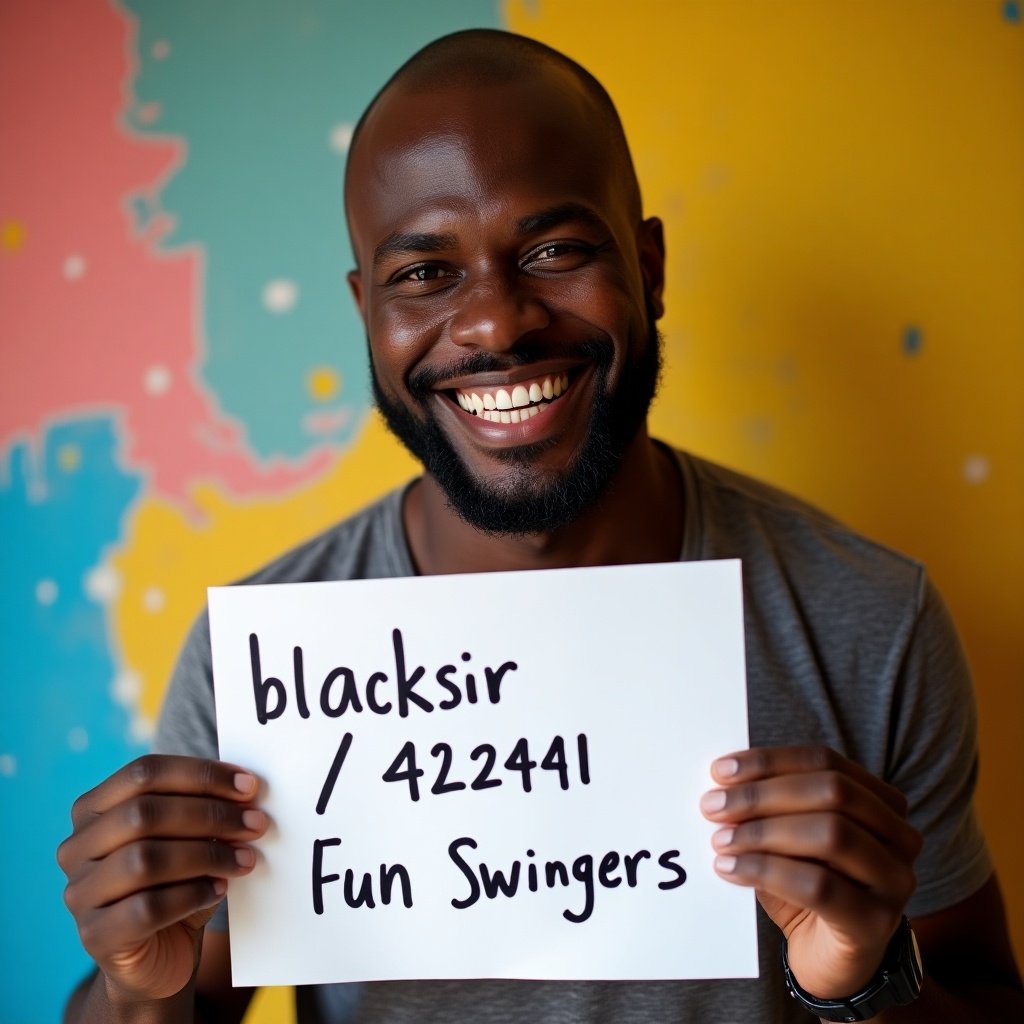 Black man holds a handwritten sign showing blacksir 422441 Fun Swingers. Background has bright colors. Person appears cheerful and welcoming. Sign is clearly visible.