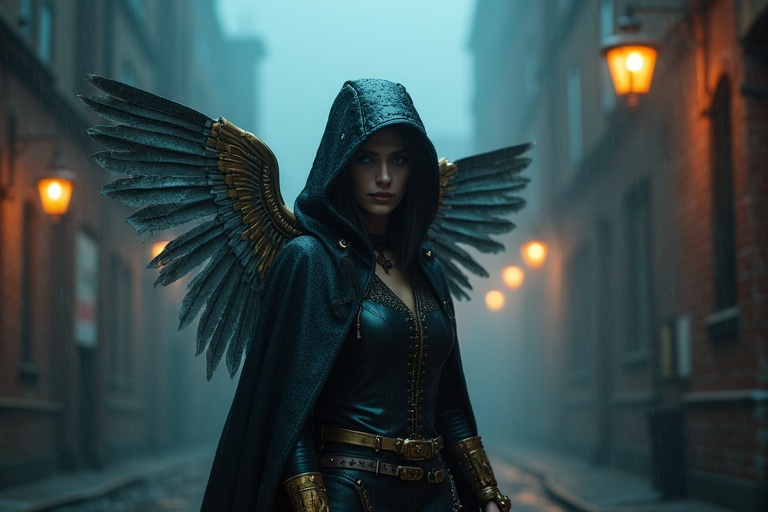 Foggy alleys in abandoned industrial district feature a steampunk bounty hunter. Dark leather duster has brass buckles and steam-powered prosthetics. Ice-blue eyes watch over rain-drenched streets. Mechanical wings concealed under cloak reveal forbidden technology. Neon glow of gas lamps create ominous shadows over gothic facades.