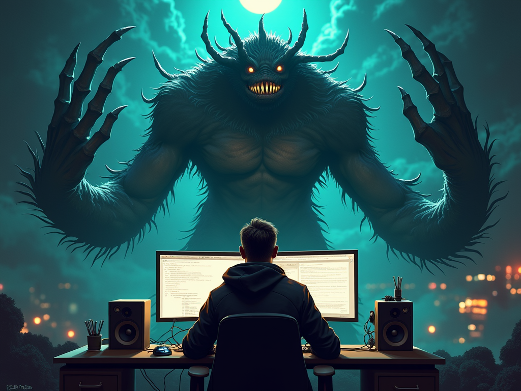 A programmer working at a computer is ominously overshadowed by a large, dark, monstrous figure with glowing eyes and sharp teeth.