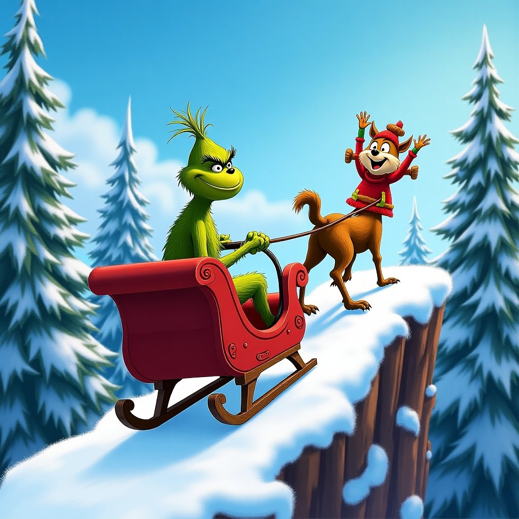 Grinch with his dog pulling sleigh up steep mountain. Cindy Lou Who appears playfully. Bright winter scenery enhances joyful theme.