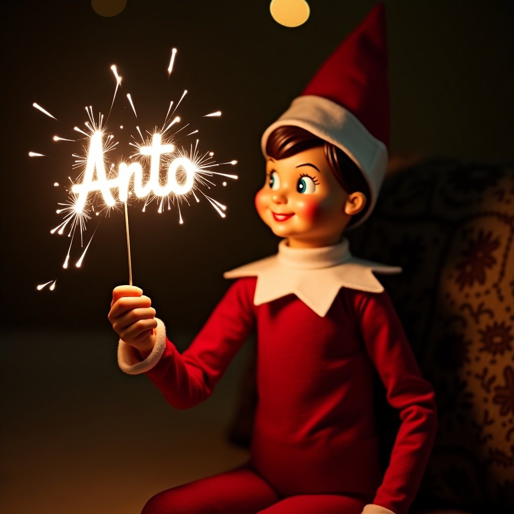 Girl Elf on the Shelf character in red and white attire. Sitting in a cozy setting. Holding a sparkler that spells out 'Antoś'. Background is dark to enhance the sparkler glow.