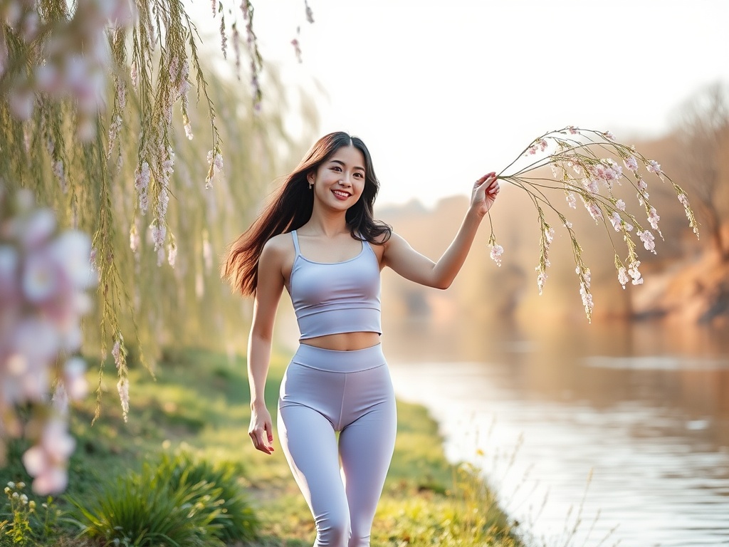 A young woman in activewear joyfully walks along a riverside path, holding a branch with blooming pink flowers. The background features a serene river flanked by willow trees, adding a touch of natural beauty. The sunlight gently illuminates her, creating a peaceful and refreshing atmosphere.