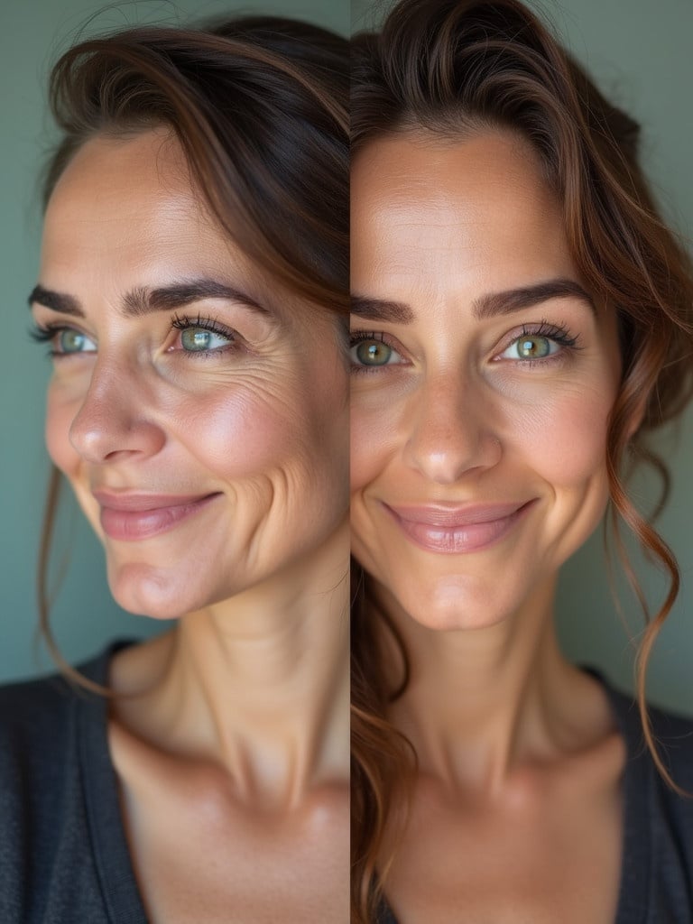 Show the skin transition of a woman with wrinkles. Highlight improvements in skin quality and texture.