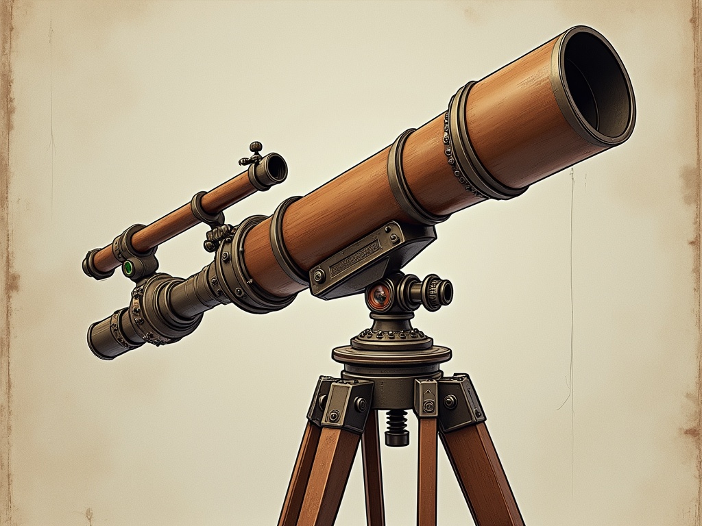 The image features an antique-style telescope crafted predominantly from wood and metal, exuding a steampunk aesthetic. It stands prominently on a sturdy wooden tripod against a plain, slightly textured background. The telescope's design includes intricate metalwork and vintage-inspired joints, evoking a sense of historical exploration and discovery.